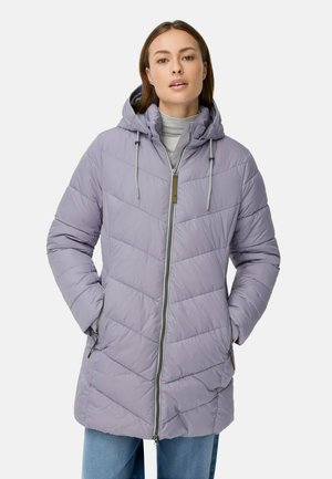 Hellblau gepolsterte Jacke mit Kapuze, mit Zickzacknähten, einem Frontreißverschluss und Kordelzügen. Aus glattem Stoff gefertigt.