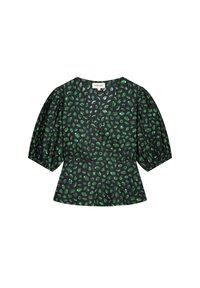 Groene en zwarte peplum top met puffed sleeves, voorzien van een V-hals en een bladachtige print over het gehele oppervlak. Gemaakt van lichte stof.