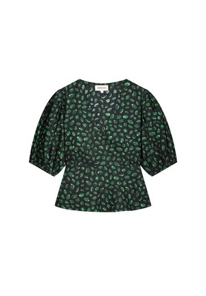 Grünes und schwarzes Peplum-Top mit puffigen Ärmeln, V-Ausschnitt und einem blattähnlichen Druckmuster. Aus leichtem Stoff gefertigt.