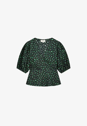 Groene en zwarte peplum top met puffed sleeves, voorzien van een V-hals en een bladachtige print over het gehele oppervlak. Gemaakt van lichte stof.