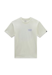 Cremfarbener kurzärmeliger T-Shirt mit Rundhalsausschnitt, versehen mit einem kleinen lila Vans-Logo auf der linken Brustseite. Weicher, glatter Stoff.