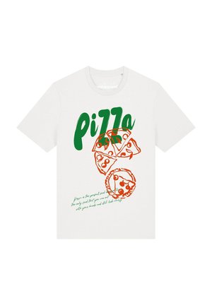 Weißes T-Shirt mit grünem Text "pizza" und orangefarbenen Linienzeichnungen von Pizzastücken und einer ganzen Pizza mit Belag.