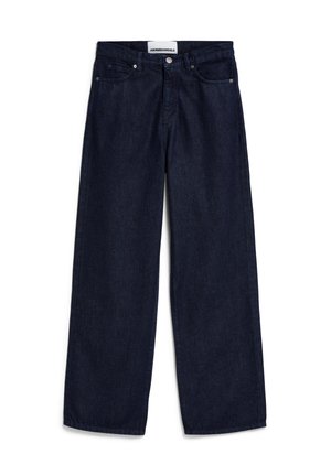 Donkerblauwe denim wijde broek met een klassieke vijf-pocket stijl, afgewerkt met een metalen knop en rits. Stevige stof en rechte zoom.
