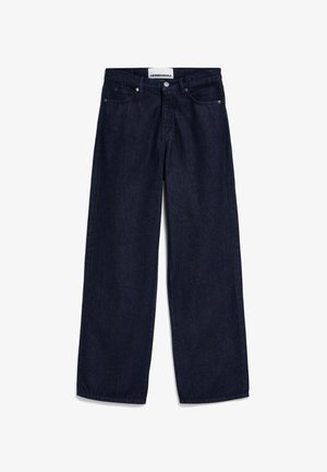 Vaqueros de mezclilla de un azul oscuro y pierna ancha con un diseño clásico de cinco bolsillos, rematados con un botón de metal y cremallera. Tejido resistente y dobladillo recto.