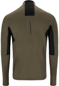 Langärmliges Athletikshirt in olivgrün mit schwarzen strukturierten Akzenten an den Schultern und Seiten, ausgestattet mit einer vertikalen Nahtdetails auf dem Rücken.