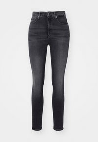 Pantalones vaqueros skinny negros de cintura alta con un diseño clásico de cinco bolsillos, hechos de tela de denim con un ligero estiramiento, que cuentan con un cierre de cremallera y botón.