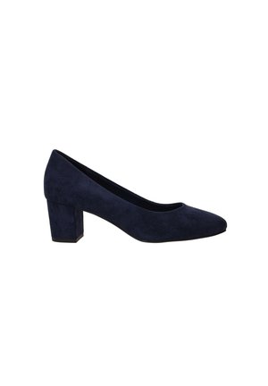 Pompe en daim bleu marine avec un bout arrondi, un talon carré modeste et une texture lisse, arborant un design épuré et minimaliste.