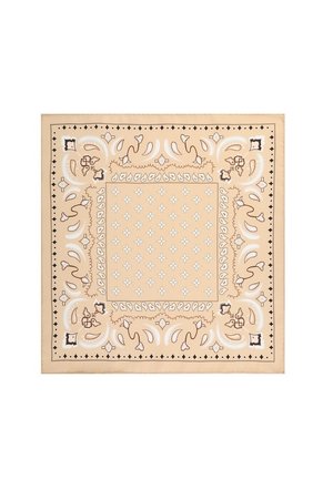 Beżowa, kwadratowa chusta z białymi i brązowymi kwiatowymi i paisley wzorami tworzącymi symetryczną ramkę oraz małe kwiatowe motywy w centrum.