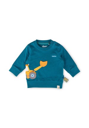 Felpa da bambino turchese con maniche lunghe, grafica di un escavatore giallo sul davanti, bottoni a pressione sulla spalla e un piccolo logo del marchio.