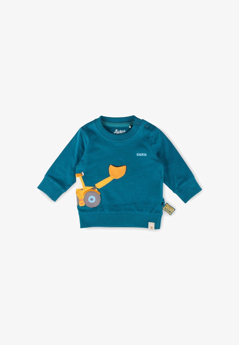 Sweat-shirt pour tout-petit couleur sarcelle avec manches longues, graphique d'une pelleteuse jaune sur le devant, boutons-pression à l'épaule et petit logo de la marque.