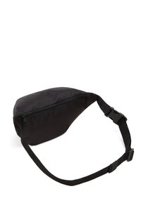 Sort stofumme med lynlåslomme, buet design, justerbar rem og mat finish. Tekstureret overflade uden synlige mønstre.