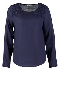 Mörkblå långärmad blus med en blommig spetskrage, mjuk textur, rundad nederkant och avslappnad passform. Idealisk för avslappnad användning.