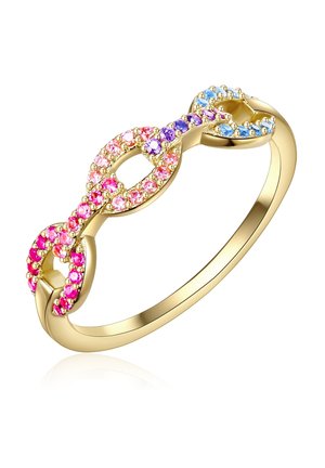 Goldring mit einem verdrehten Design, das mit rosa, lila und blauen Kunststeinen in einem Muster entlang des Rings besetzt ist. Glatte, polierte Oberfläche.
