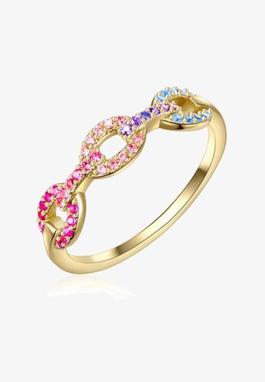 Goldring mit einem verdrehten Design, das mit rosa, lila und blauen Kunststeinen in einem Muster entlang des Rings besetzt ist. Glatte, polierte Oberfläche.