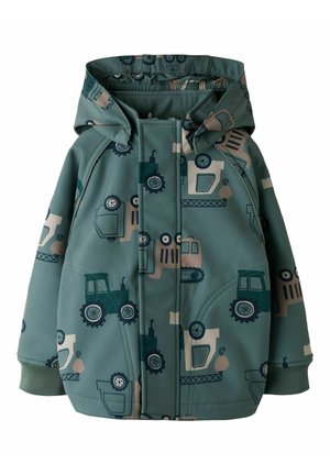 Veste à capuche verte pour enfants avec motifs de tracteur et d'engins de chantier, dotée de poches avant, conçue pour temps froid.
