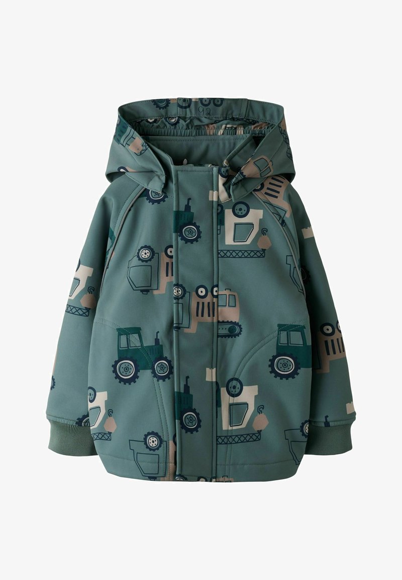 Veste à capuche verte pour enfants avec motifs de tracteur et d'engins de chantier, dotée de poches avant, conçue pour temps froid.