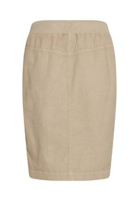 Knälång beige kjol i strukturerad tyg, med elastisk midja och synliga sömdetaljer längs sömmarna.