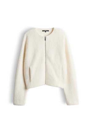 Cream-colored cropped jacket made of soft, fuzzy fabric. Features a round neckline and a full front zipper. Long sleeves, no visible hardware.