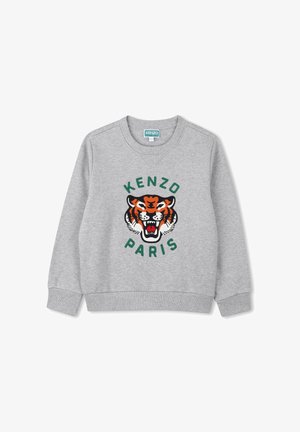 Felpa grigia con una grafica di una tigre arancione e nera, con il testo "KENZO PARIS" in verde. Collo girocollo classico e polsini a costine.
