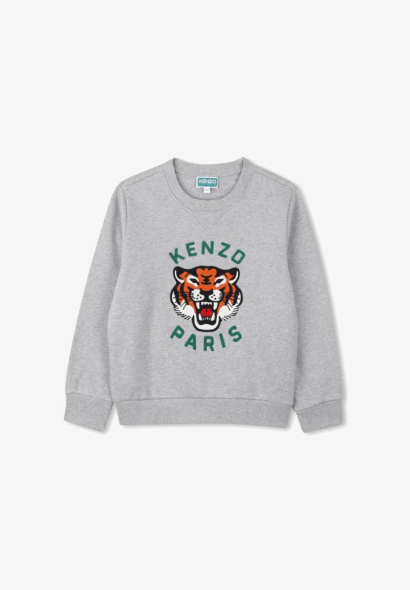 Szary sweatshirt z graficznym wizerunkiem tygrysa w kolorze pomarańczowym i czarnym, z napisem "KENZO PARIS" w kolorze zielonym. Klasyczny okrągły dekolt i ściągacze przy mankietach.