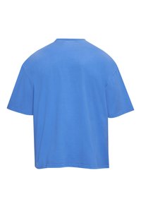 T-shirt bleu uni à manches courtes, présenté de dos avec un col rond et une coupe ample sur fond blanc.