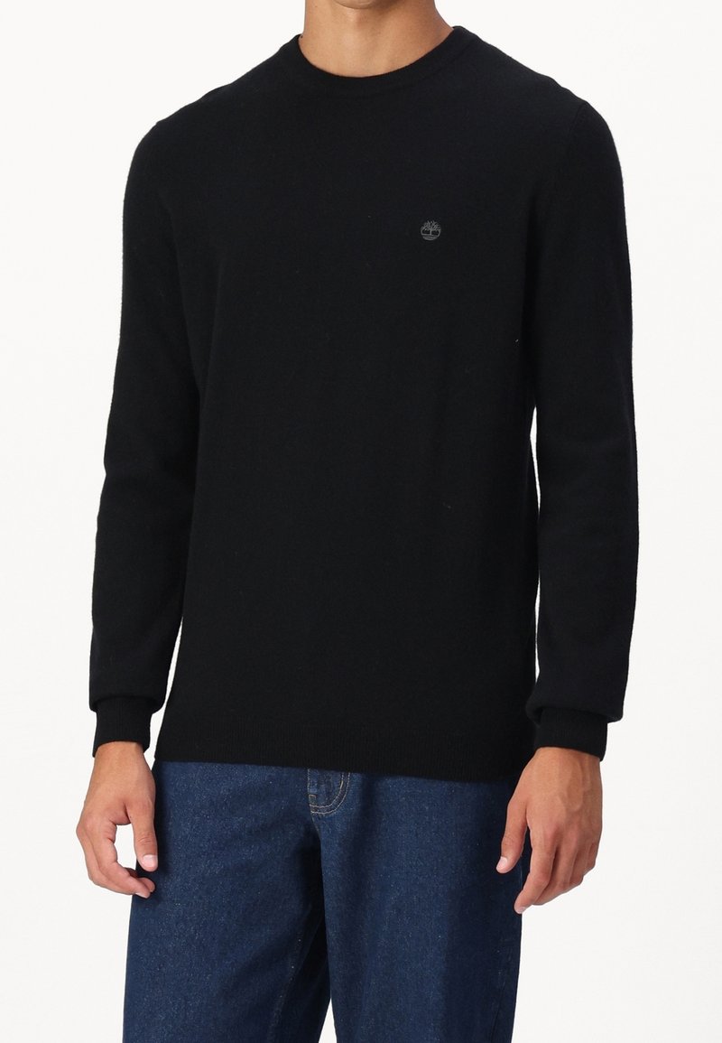 Homme portant un pull noir uni à manches longues avec un petit logo d'arbre sur la poitrine et un jean denim bleu, debout sur un fond blanc.