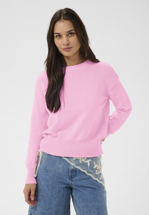 Ženska z dolgimi temnimi lasmi, oblečena v svetlo roza pulover in modre kavbojke z belim čipkarskim poudarkom, stoji pred enobarvnim svetlim ozadjem.