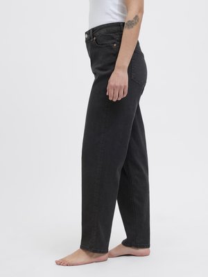 Black denim jeans with a straight leg fit, high waist, and classic five-pocket design. The fabric features a smooth, sturdy texture.