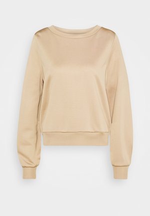 Beige sweatshirt met lange mouwen en ronde hals, voorzien van geribbelde manchetten en zoom, weergegeven tegen een witte achtergrond.