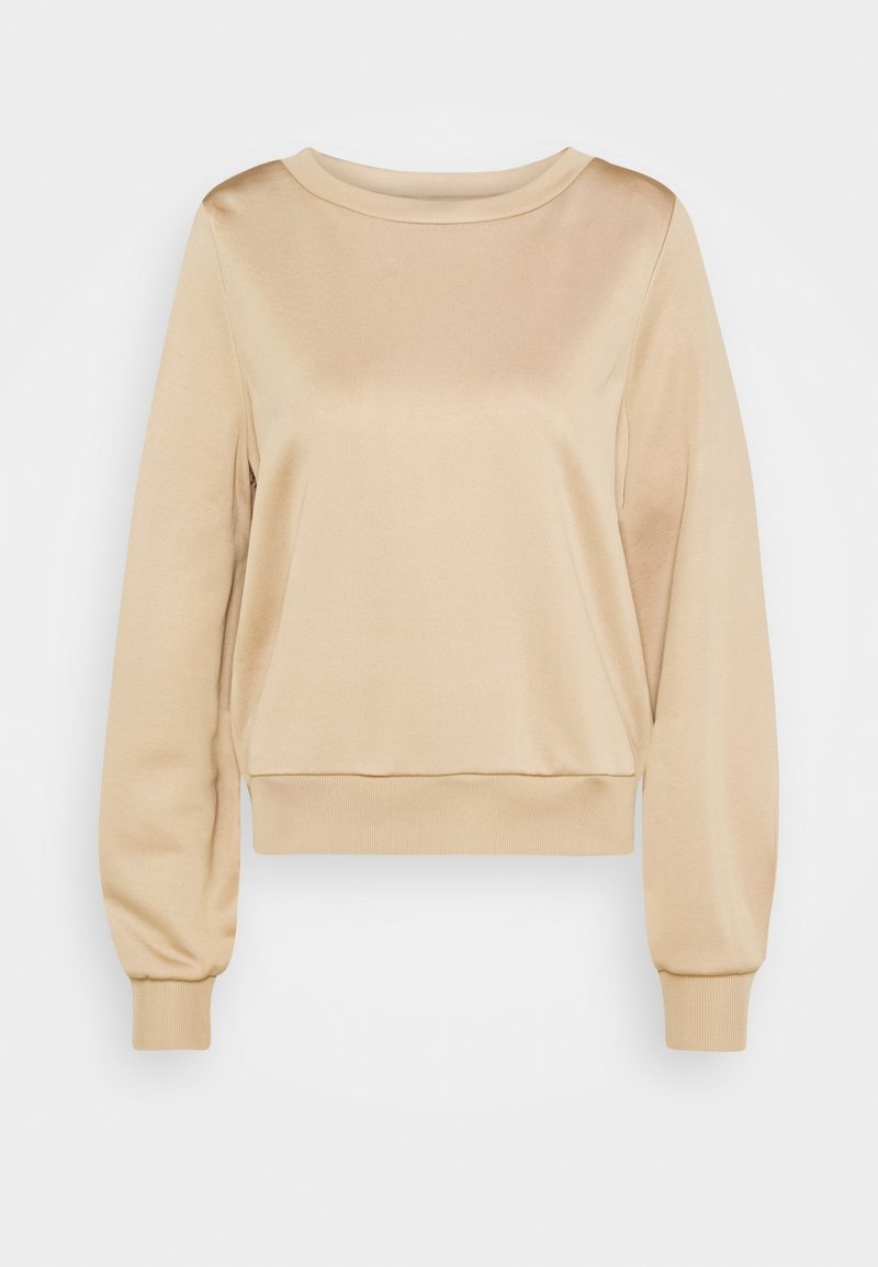 Sweat-shirt beige à manches longues avec col rond, poignets et ourlet côtelés, présenté sur un fond blanc.