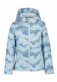 Hellblau gefütterte Jacke mit einem strukturierten Wolkenmuster, durchgehendem Reißverschluss, elastischen Bündchen und einem Logo auf der Brust. Weiches, wasserabweisendes Material.