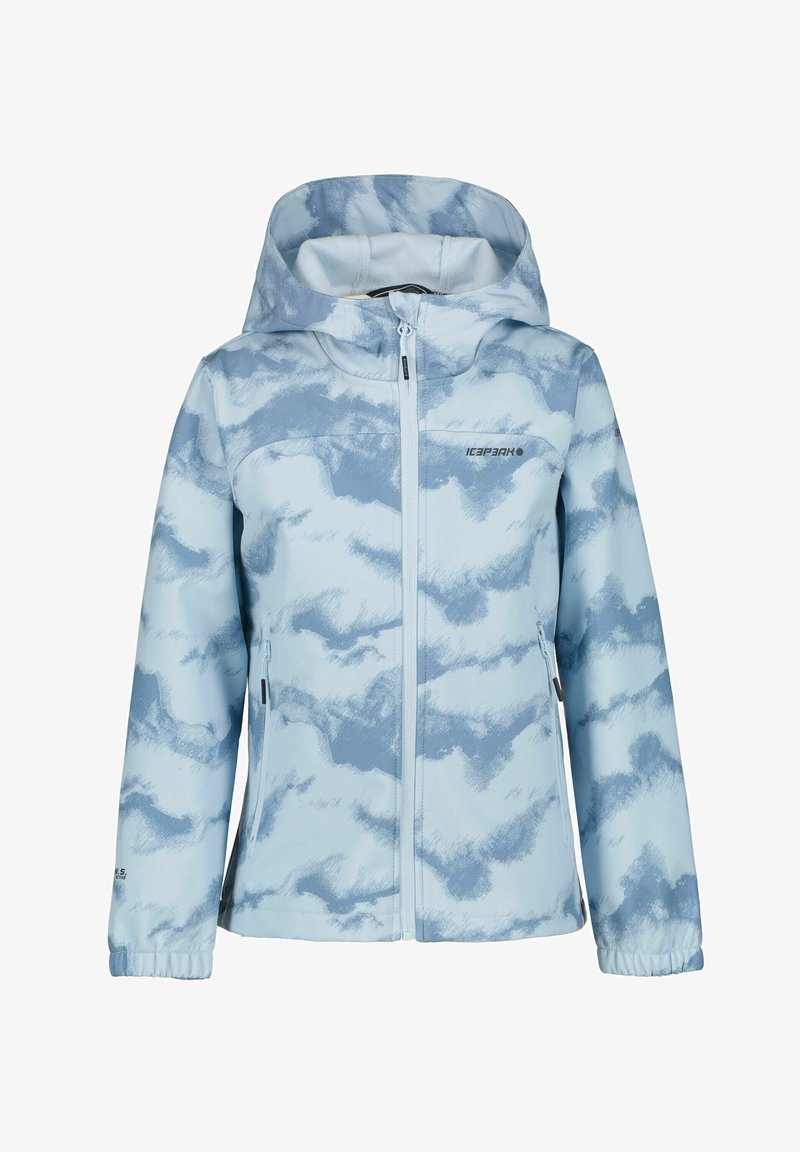 Ljusblå huvjacka med ett strukturerat molnmönster, hel dragkedja fram, elastiska ärmslut och en logotyp på bröstet. Mjuk, vattentålig material.