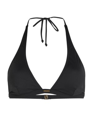 Top bikini nero con design triangolare, dotato di spallina al collo, dettagli cut-out e una decorazione in metallo dorato al centro.