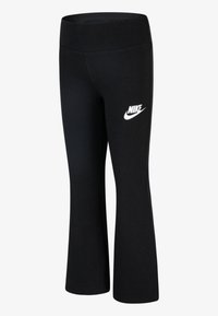 Black flared leggings made of stretchy cotton blend fabric, featuring a white Nike logo on the left hip and a wide waistband.