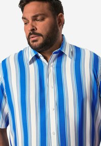 Korte mouw overhemden met horizontale blauwe en witte strepen met dunne blauwe accentlijnen. Zacht stof en ontwerp met gespreide kraag.