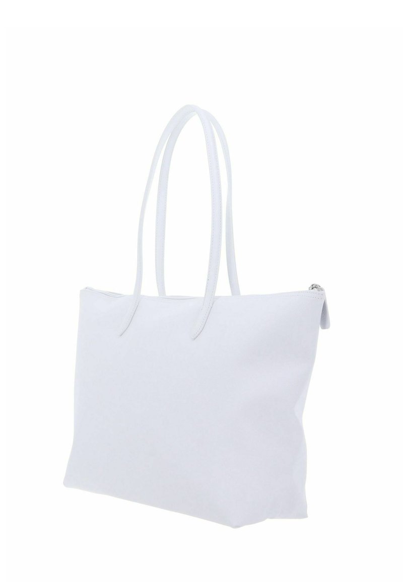 Borsa a tracolla rettangolare bianca con doppi manici e chiusura superiore con cerniera, mostrata su uno sfondo bianco semplice.