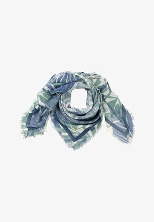 Vierkante sjaal met blauw-groene abstracte blad- en geometrische patronen, los gevouwen met rafelige randen.