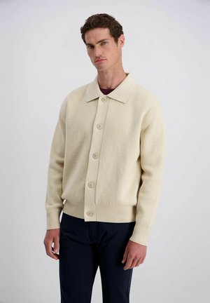 Mann mit kurzen dunklen Haaren, der eine beigefarbene, geknöpfte Strickjacke und dunkle Hose trägt, steht vor einem schlichten hellen Hintergrund.