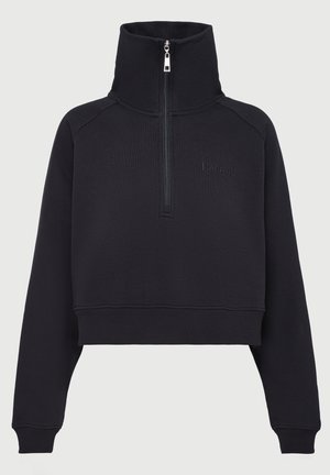 Svart kortermet sweatshirt med lange ermer, høy krage, halv glidelås, og subtil "LeGer"-logo på brystet.