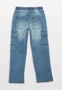 Niebieskie dżinsowe spodnie cargo z elastycznym pasem, posiadające dwie tylne kieszenie oraz dwie boczne kieszenie, z efektownym wypłowiałym odcieniem i prostym krojem.