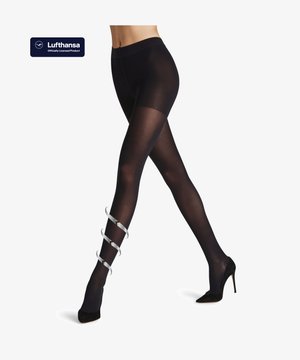 Black leggings with a ribbed waistband, featuring a twisted silver accent around the calf. Worn with black high-heeled shoes.