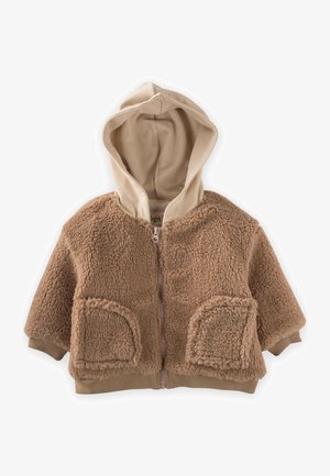 Brūns vilnas jaka ar vizuļiem un bežīgu kapuci, aprīkota ar divām priekšējām kabatām un ribotām piedurknēm. Mīksta tekstūra un brīva piegriezuma dizains.