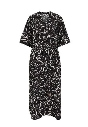 Rochie midi neagră cu modele abstracte de frunze albe și bej, mâneci scurte, decolteu în V și curea de centură cu ciucuri la capete.