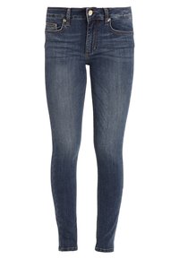 Jeans ajustados de denim azul oscuro con una textura suave. Presenta un diseño clásico de cinco bolsillos y cierre de botón metálico.
