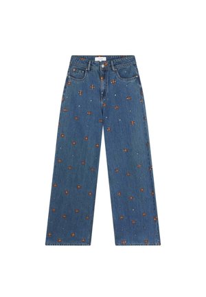 Vaqueros de mezclilla azul de pierna ancha con patrones florales bordados en naranja y blanco, con cierre de botón y bolsillos delanteros.
