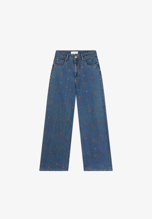 Wide-leg blue denim jeans with embroidered floral patterns in orange and white, featuring a button closure and front pockets.