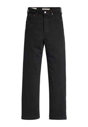 Black denim jeans with a straight-leg fit, featuring a high waist, five-pocket design, metal button closure, and minimal stitching details.