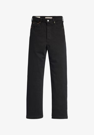 Black denim jeans with a straight-leg fit, featuring a high waist, five-pocket design, metal button closure, and minimal stitching details.