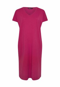 Fuksia lyhythihainen mekko, jossa on V-pääntie, valmistettu pehmeästä kankaasta. Rentomalli, polvipituinen, minimalistinen muotoilu ilman kuvioita tai koristeluja.