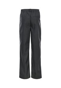 Donkergrijze, elastische taillebandbroek met een rechte pasvorm en een enkele achterzak. De stof heeft een gladde, gestructureerde uitstraling.